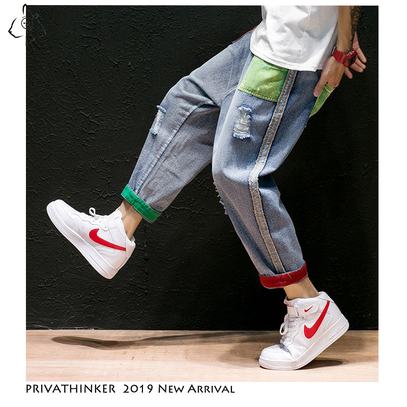 Privathinker Men Jeans Straight Pants 2019 Mens Japanese Streetwear Shredded Patchwork Denim Pants Male Vintage Blue Jeans