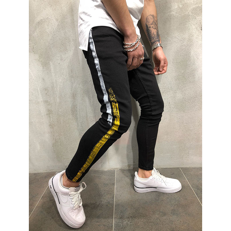 Mens Side Stripe Skinny Black Denim Jeans Hip Hop Streetwear Plus Size Slim Cotton Jeans Men Elasticity Skinny Jeans