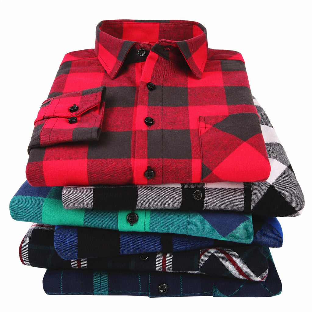 100% Cotton Flannel Men's Plaid Shirt Slim Fit Spring Autumn Male Brand Casual Long Sleeved Shirts Soft Comfortable 4XL