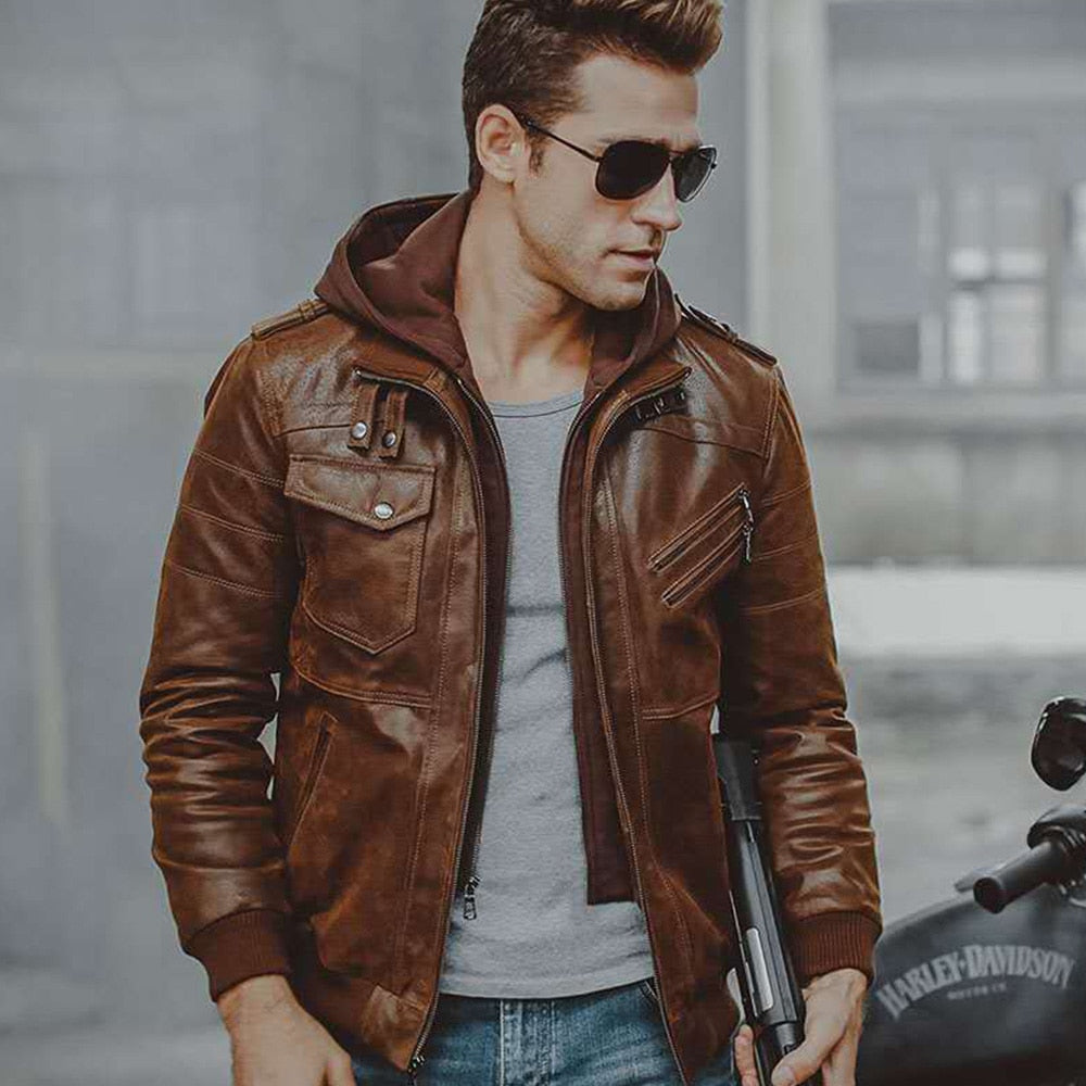 Mens Real Leather Jacket Men Motorcycle Removable Hood Winter Coat Men Fashion Warm Genuine Leather Jackets Mens Leather Jacket