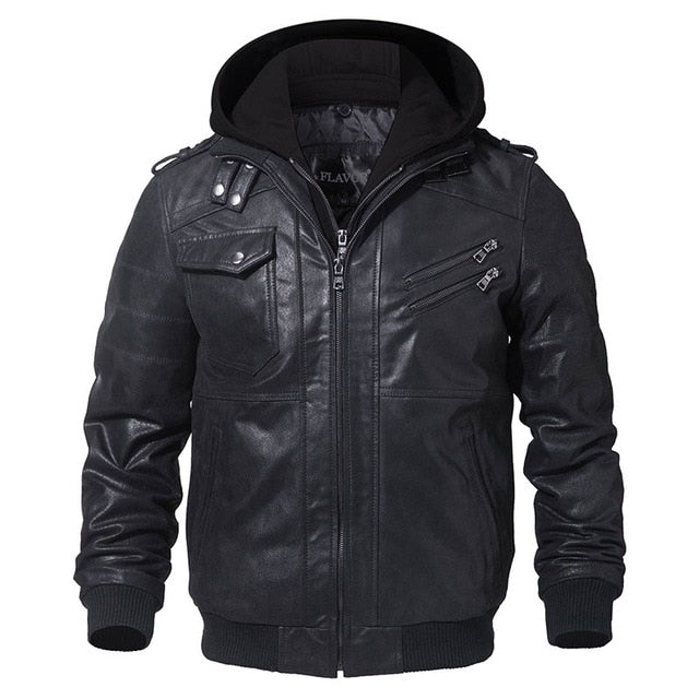 Mens Real Leather Jacket Men Motorcycle Removable Hood Winter Coat Men Fashion Warm Genuine Leather Jackets Mens Leather Jacket