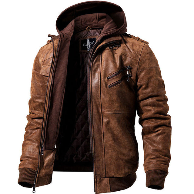 Mens Real Leather Jacket Men Motorcycle Removable Hood Winter Coat Men Fashion Warm Genuine Leather Jackets Mens Leather Jacket