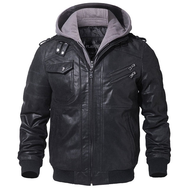 Mens Real Leather Jacket Men Motorcycle Removable Hood Winter Coat Men Fashion Warm Genuine Leather Jackets Mens Leather Jacket