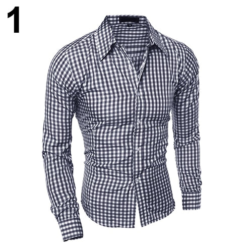 2017 New Men's Fashion Casual Lapel Button Down Plaid Long-Sleeved Slim Fit Shirt Top