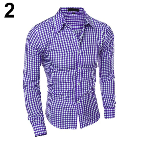 2017 New Men's Fashion Casual Lapel Button Down Plaid Long-Sleeved Slim Fit Shirt Top