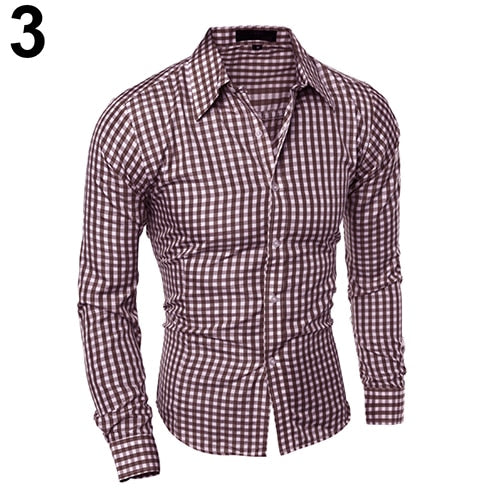 2017 New Men's Fashion Casual Lapel Button Down Plaid Long-Sleeved Slim Fit Shirt Top