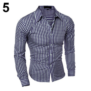 2017 New Men's Fashion Casual Lapel Button Down Plaid Long-Sleeved Slim Fit Shirt Top