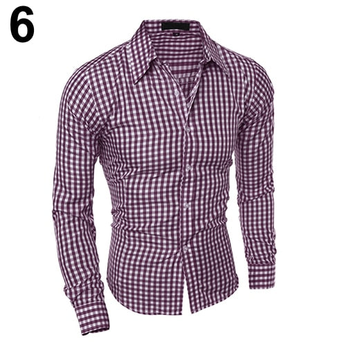 2017 New Men's Fashion Casual Lapel Button Down Plaid Long-Sleeved Slim Fit Shirt Top