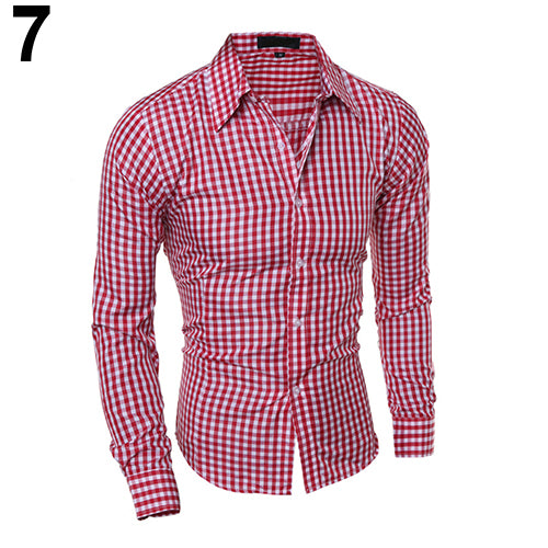 2017 New Men's Fashion Casual Lapel Button Down Plaid Long-Sleeved Slim Fit Shirt Top