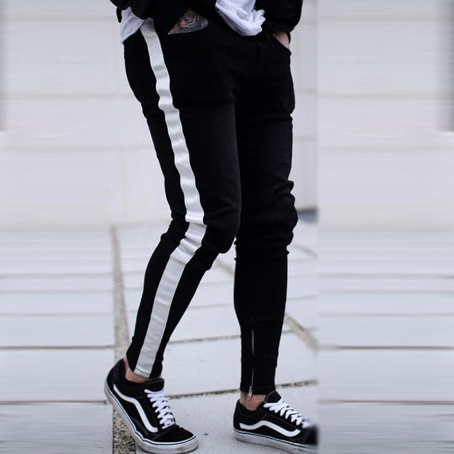 Skinny Jeans Men Hip Hop Stripe Elastic Slim Fit Denim Pants Male Stretchy Pencil Bottoms street Knee Ripped Holes Jeans