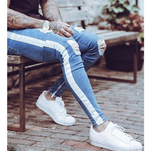 Skinny Jeans Men Hip Hop Stripe Elastic Slim Fit Denim Pants Male Stretchy Pencil Bottoms street Knee Ripped Holes Jeans