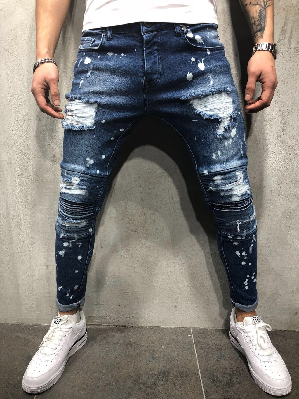 Men's Painted Skinny Slim Fit Straight Ripped Distressed Pleated Knee Patch Denim Pants Stretch Jeans