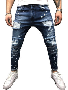 Men's Painted Skinny Slim Fit Straight Ripped Distressed Pleated Knee Patch Denim Pants Stretch Jeans