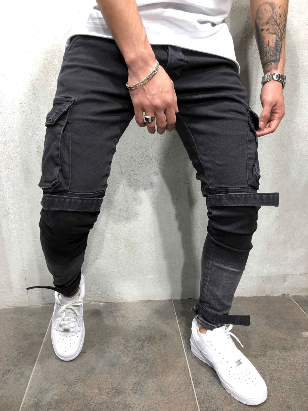 2018 New Arrived Men Cargo Pockets biker jeans denim slim supper skinny hip hop jeans men