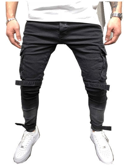 2018 New Arrived Men Cargo Pockets biker jeans denim slim supper skinny hip hop jeans men