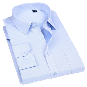 High Quality Non-ironing Men Dress Long Sleeve Shirt 100% Cotton 2019 New Solid Male Plus Size Fit Business Shirts White Blue