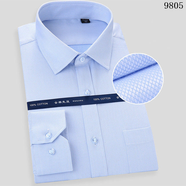 High Quality Non-ironing Men Dress Long Sleeve Shirt 100% Cotton 2019 New Solid Male Plus Size Fit Business Shirts White Blue